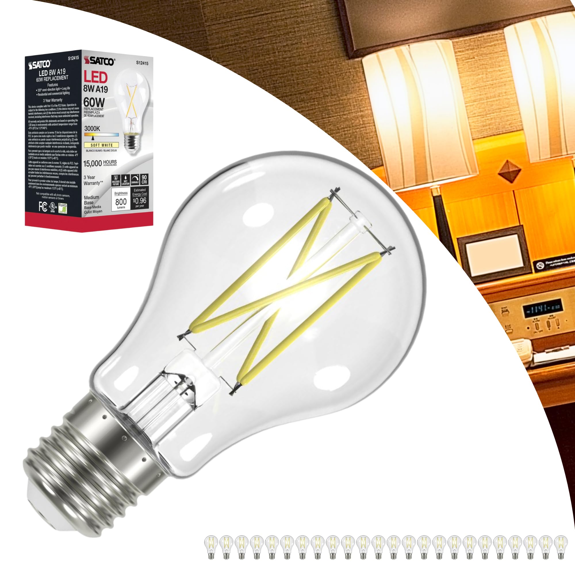 Satco S12415-8W A19 Clear LED Light Bulb, 3000K Soft White, 800